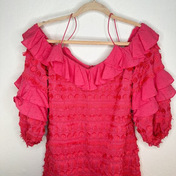 Alexis Calypso Ruffled Off Shoulder Rouge Coral Pink Embroidered Mini Dress XS - Picture 4 of 16